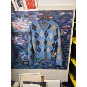 Vintage Hanson acrylic V-Neck Sweater  Medium Blue  Made in USA diamond pattern